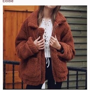 ELODIE | Anthropologie Faux Sherpa Shearling Teddy Coat Oversized Rust